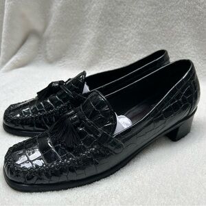 Stuart Weitzman black crocodile patent leather loafers